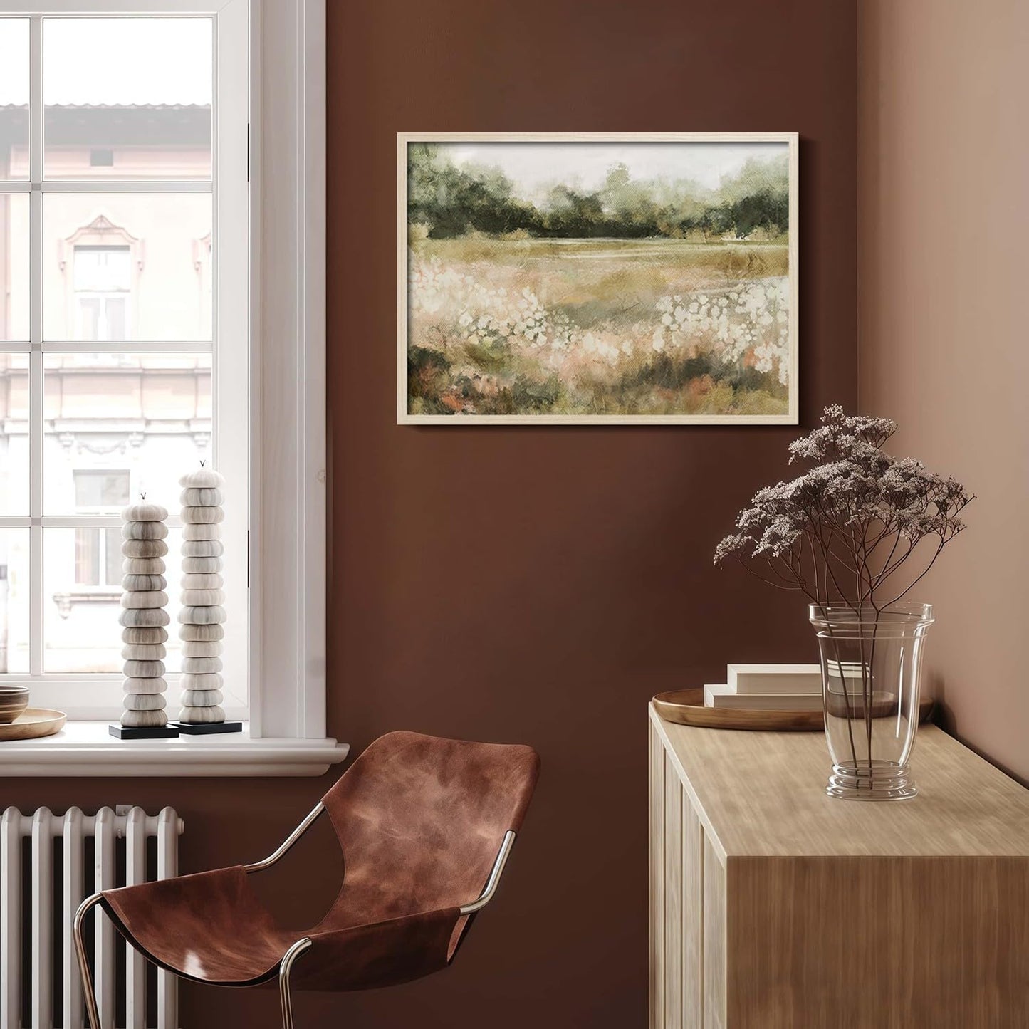 Skiennix Framed Canvas Wall Art - Rustic Field Landscape Print | Vintage Country Nature Picture 12x16 Inch