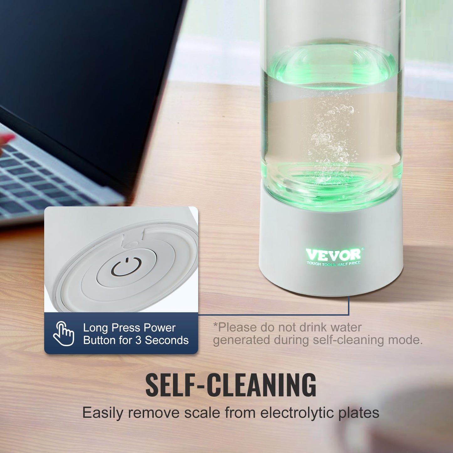 VEVOR Hydrogen Water Bottle, Hydrogen Water Bottle Generator up to 2000 ppb, 380ml Portable Hydrogen Water Machine, SPE Technology hydrogen water generator with Nasal Inhalation Tube and Self-Cleaning