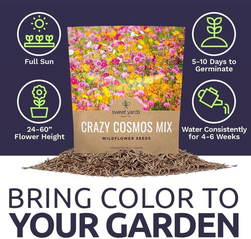 Cosmos Seeds Wildflower Mixture - Bulk 1 Ounce Packet with 5,000+ Colorful Seeds | Pink, Yellow, Orange, Red, Purple, White