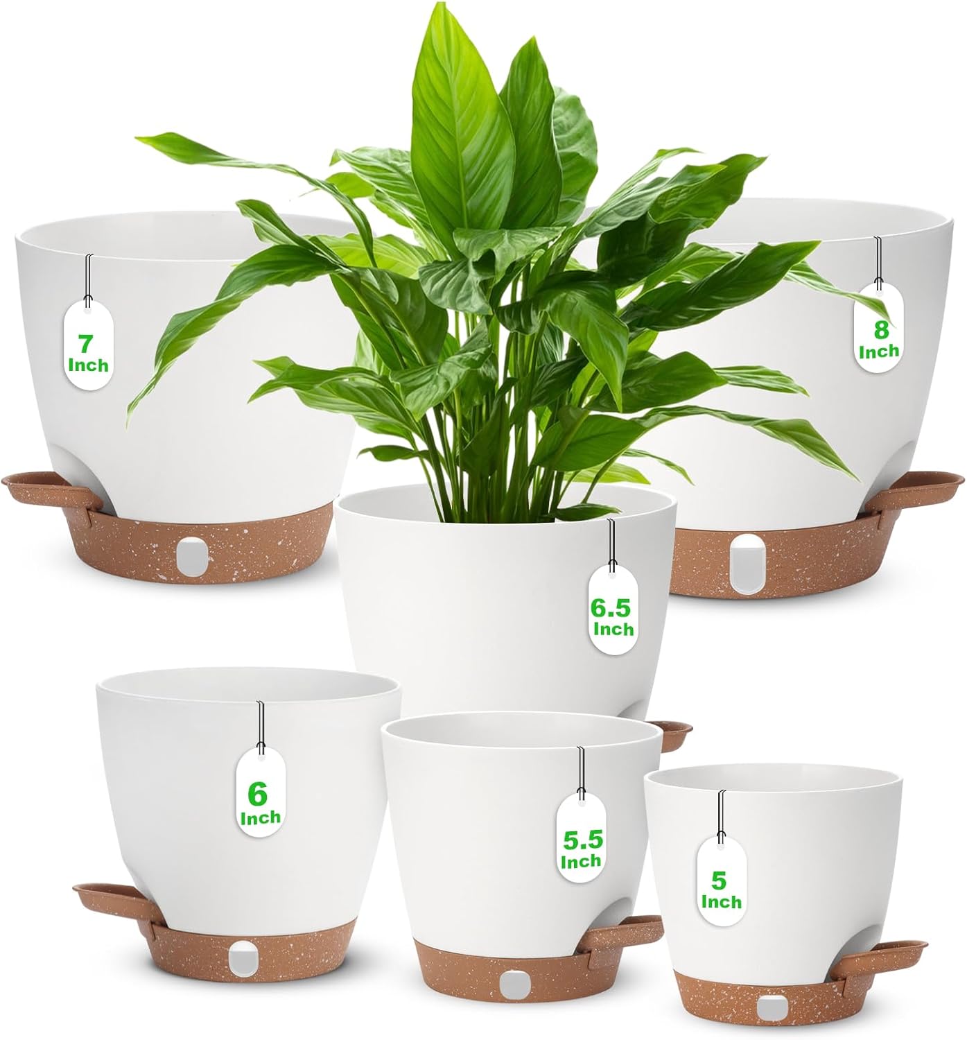 Skiennix Self-Watering Planter Set - 6 Pack of Modern Flower Pots with Visual Water Level | 8-5.5 Inch White