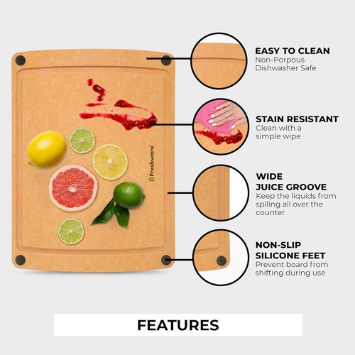 Freshware Wood Cutting Board - Juice Groove & Non-Slip Silicone Feet | Medium 12" x 9" Natural Finish