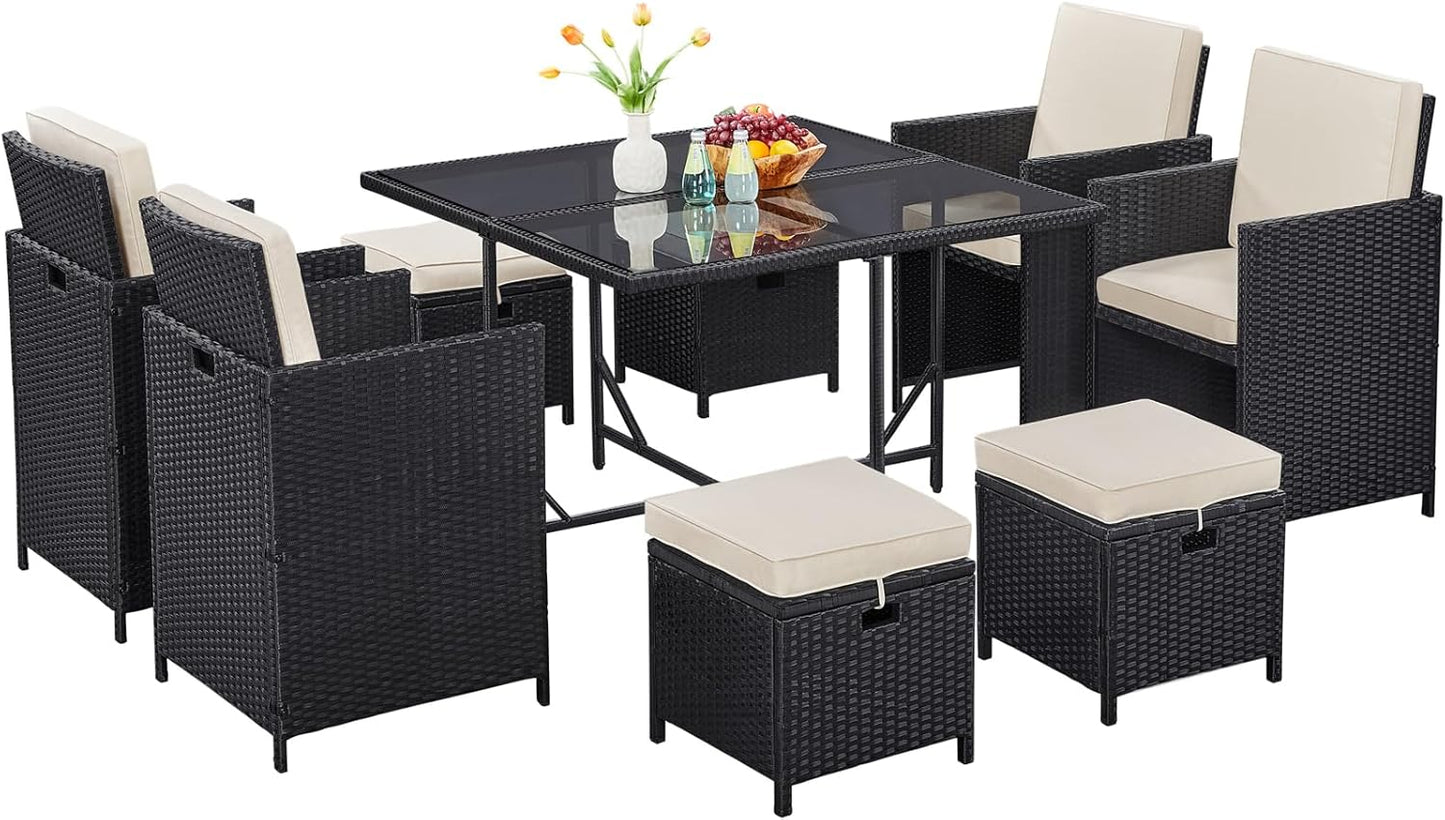 Yaheetech 9-Piece Patio Dining Set - Space-Saving Rattan Chairs & Glass Table | Black/Beige Cushions