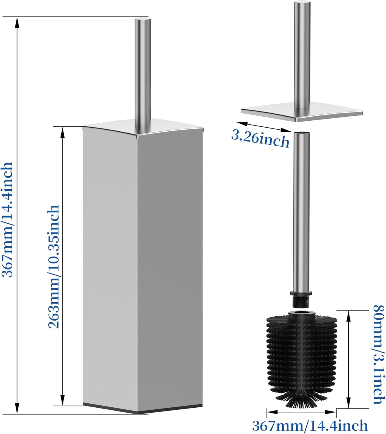 RUACQ Toilet Brush and Holder Set 2pcs,Square Toilet Bowl Brush for Bathroom with 304 Stainless Steel Handle Toilet Cleaner Brush with Durable Scrubbing Bristles,Splash-Proof (White)