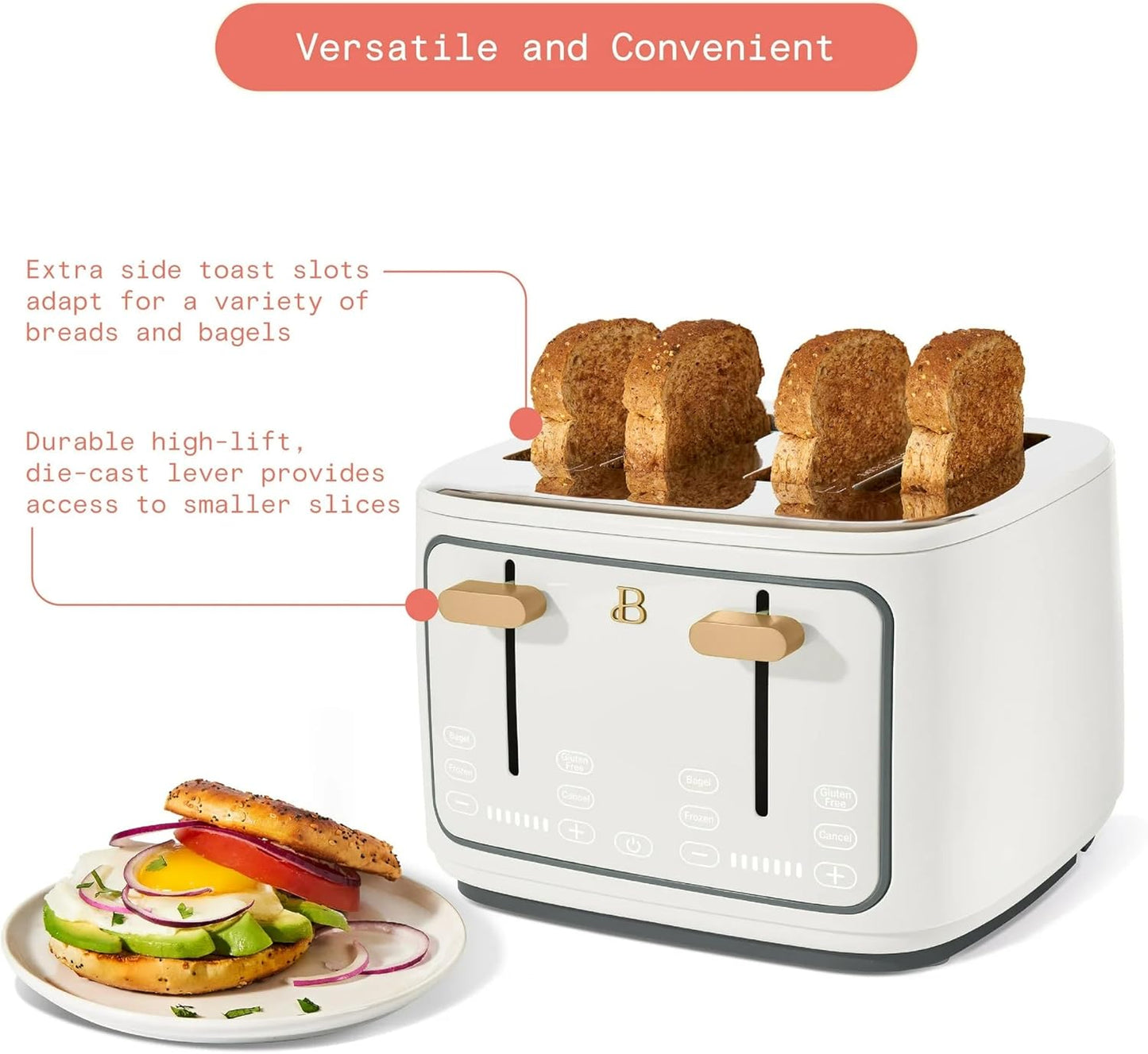 Skiennix 4-Slice Toaster - Touch Control Panel, 1800W Fast Heating, Extra Wide Slots | White Icing