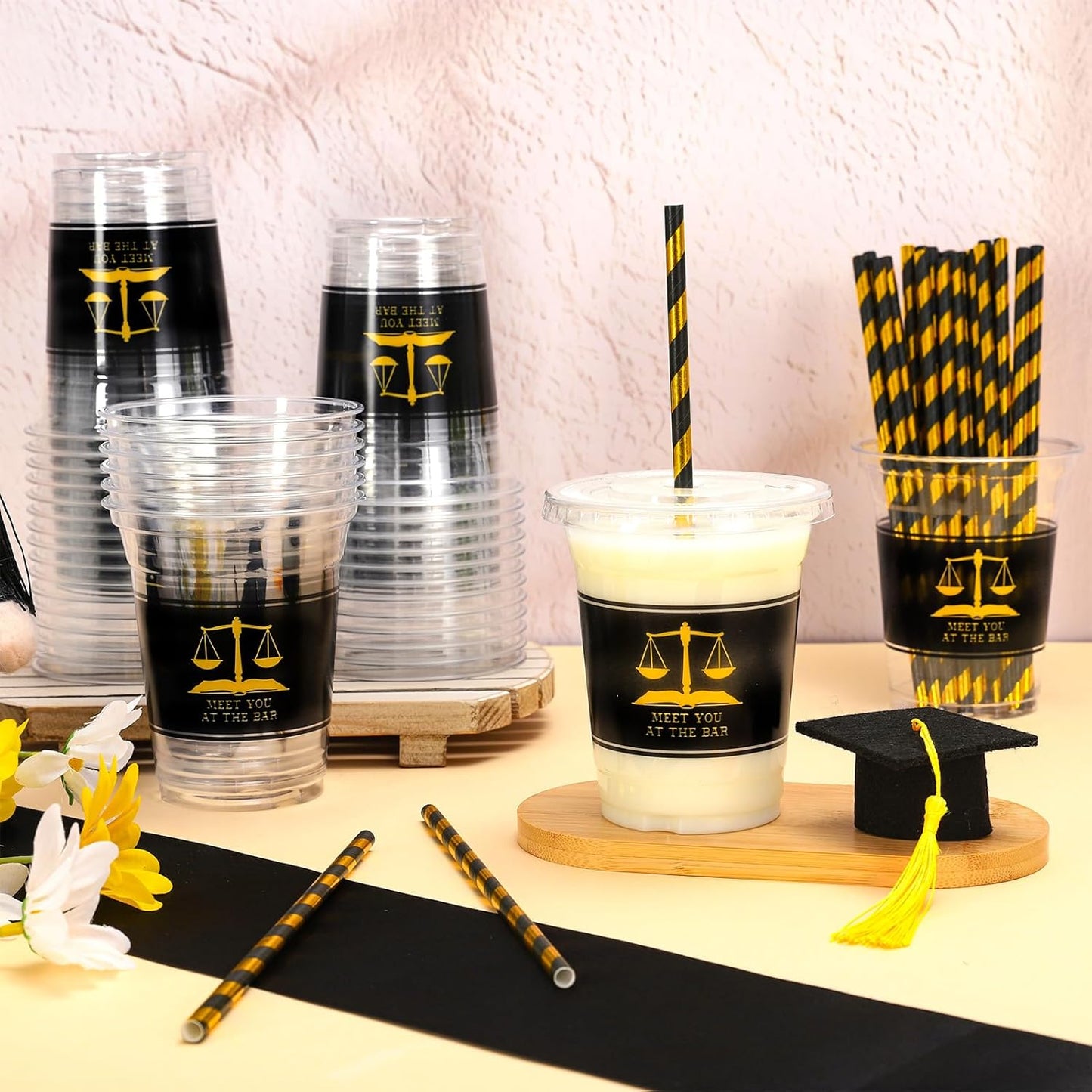 Whaline 50Pcs 12Oz Law School Graduation Cups - Disposable Plastic with Lids & Straws | Congrats Grad Party Supplies