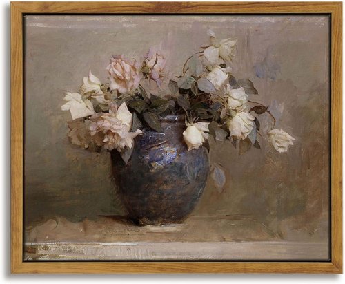 InSimSea Framed Canvas Print - Roses in Vase Classical Oil Painting | 8x10in Wall Art for Bedroom & Living Room Decor