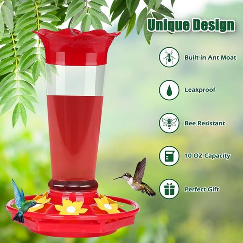 Feed Garden Hummingbird Feeders - 10oz Ant & Bee Proof, 6 Feeding Ports, Easy Clean Red Nectar | 2 Pack for Outdoor Use