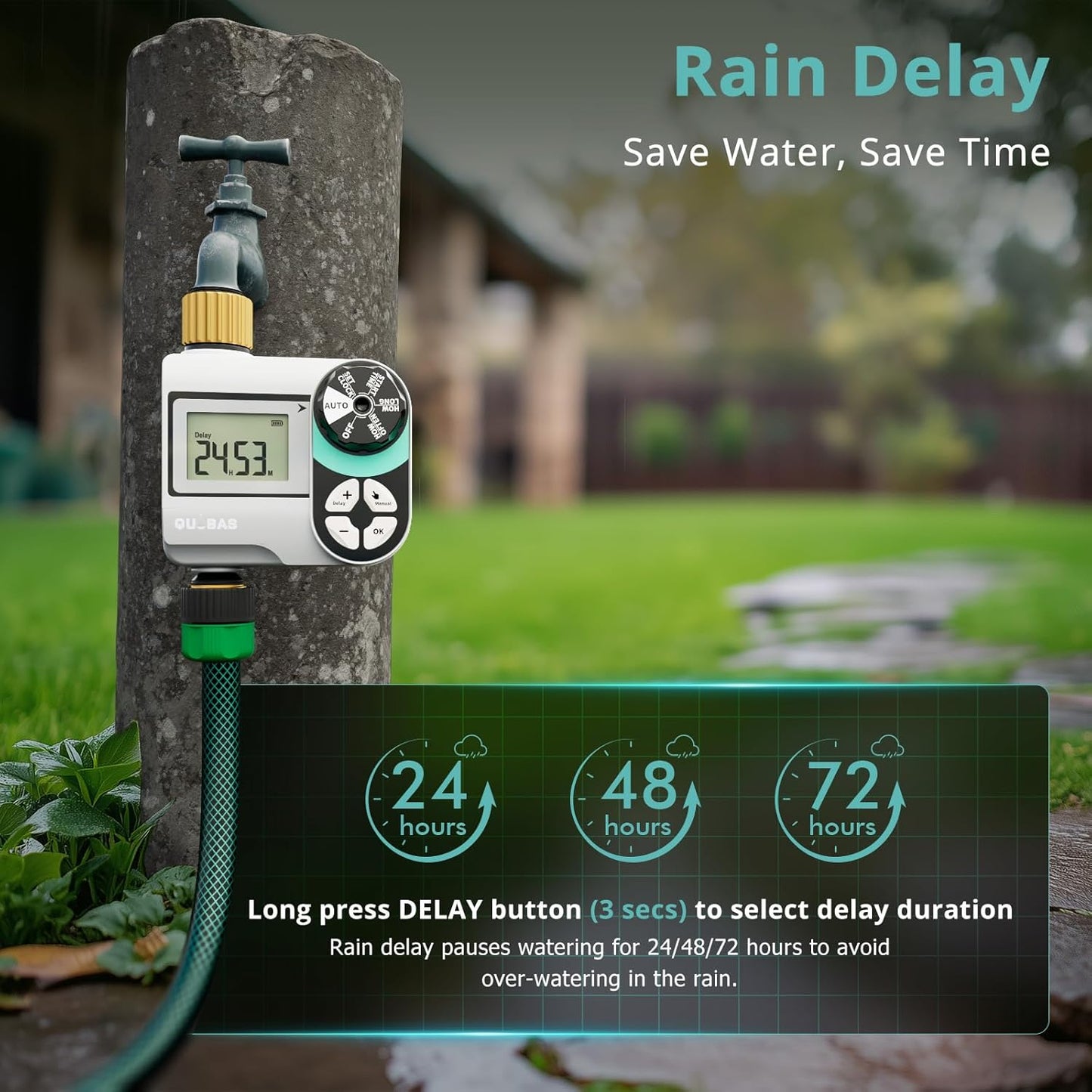 QUOBAS Brass Sprinkler Timer - Programmable Garden Hose Timer with Waterproof HD Screen & Rain Delay