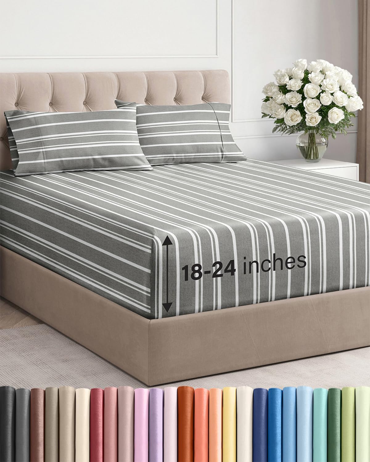 Skiennix Extra Deep Twin Sheet Set - 4 Piece Cooling Bedding - Soft, Wrinkle-Free, Grey Stripes