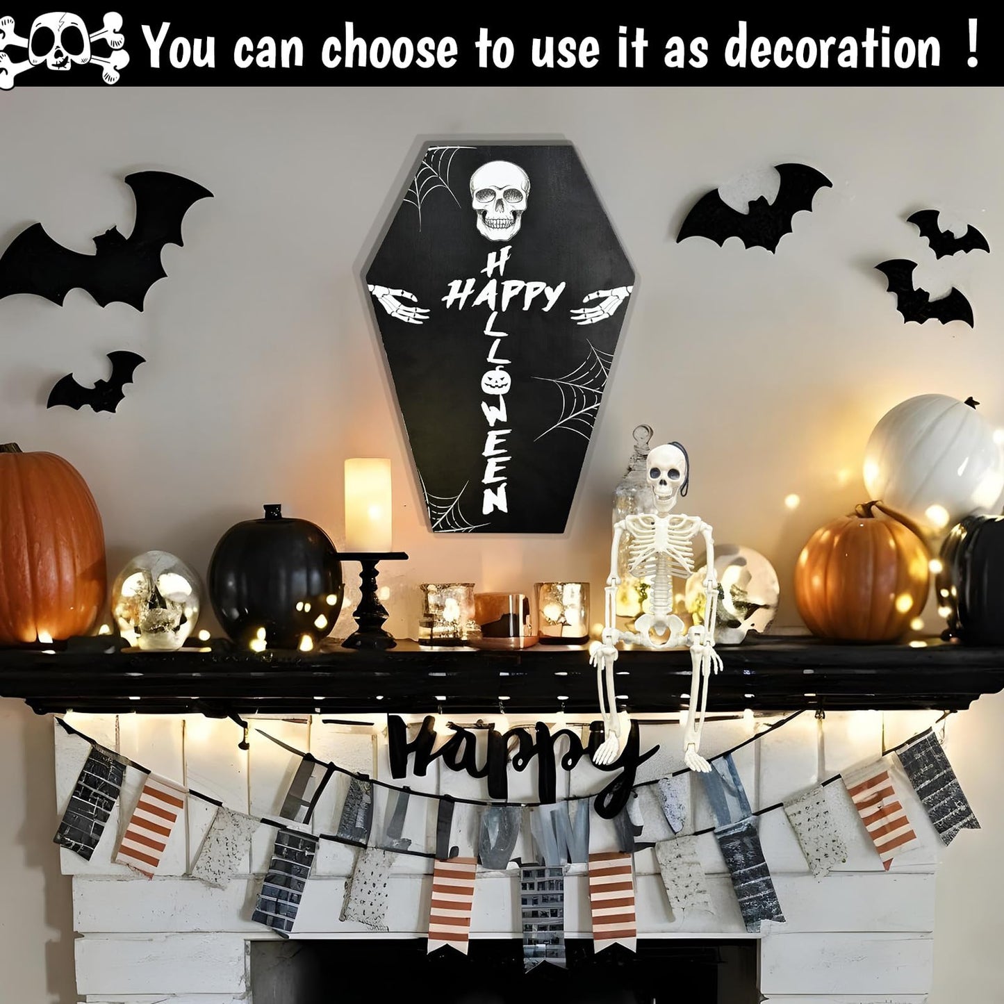Fayavoo Wood Halloween Coffin Charcuterie Board with Skeleton Patter, Black Coffin Serving Trays with Dipping Saucer, Spooky Halloween Platters for Food Snack Candy Cheese Party Serving Dishes
