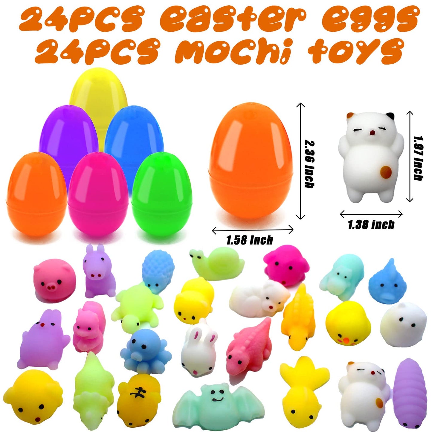 24 PCS Plastic Easter Eggs Filled with 24 PCS Mochi Squishy Toys for Kids, Perfect for Easter Egg Hunt Game, Easter Basket Fillers, Easter Party Favor Supplies
