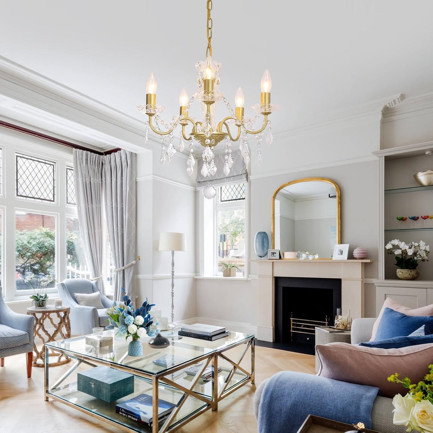 Plug in Modern 3-Light Gold Chandelier with Glass Crystals, Candle Style Pendant Light Fixtures for Living Room, Girls Room, Kitchen Island, Entryway