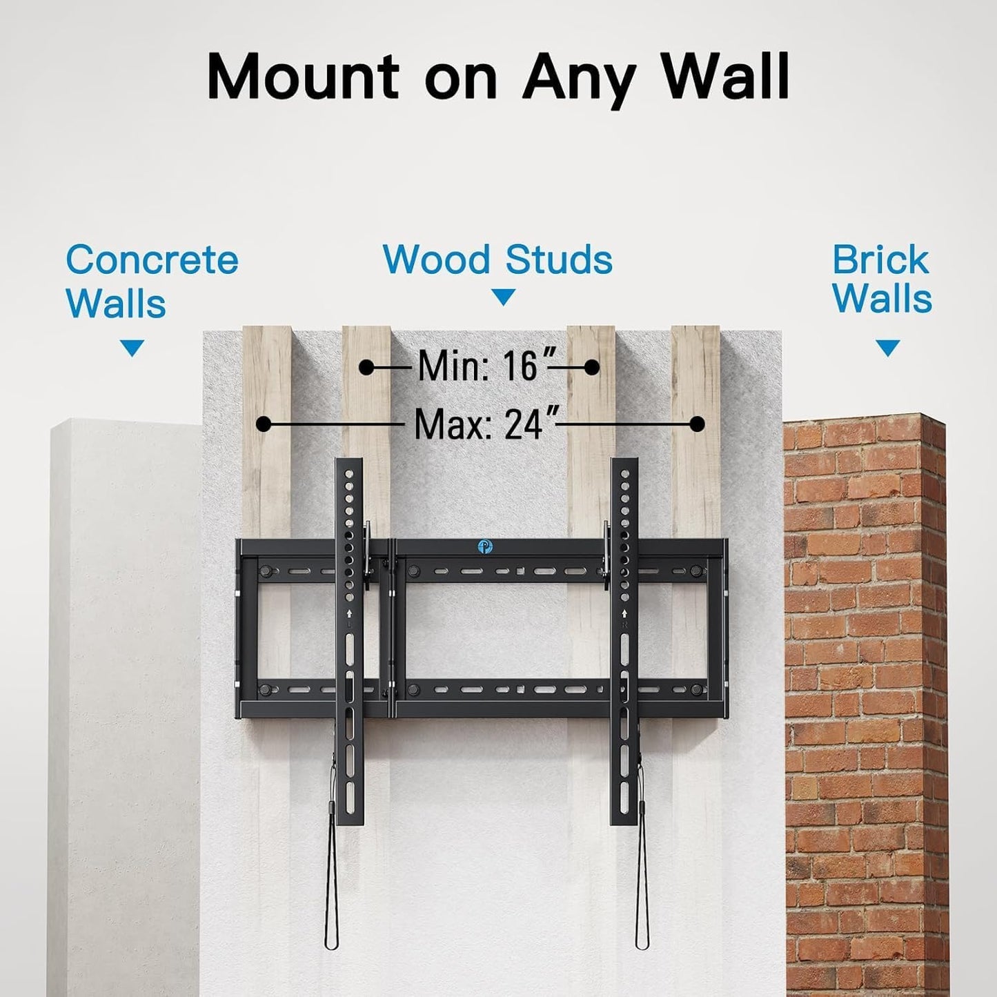 Pipishell Tilt TV Wall Mount Bracket - Low Profile for 37-90 Inch TVs | Fits 16"-24" Wood Studs, Max VESA 600x400mm, Holds 132lbs