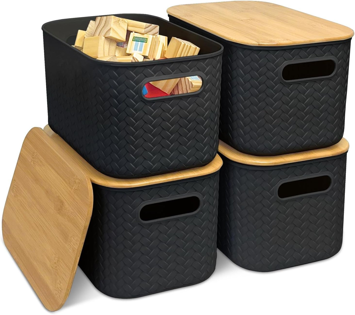 Soddeph Plastic Storage Bins - Stackable Containers with Bamboo Lids for Organizing | 4 Packs in Black