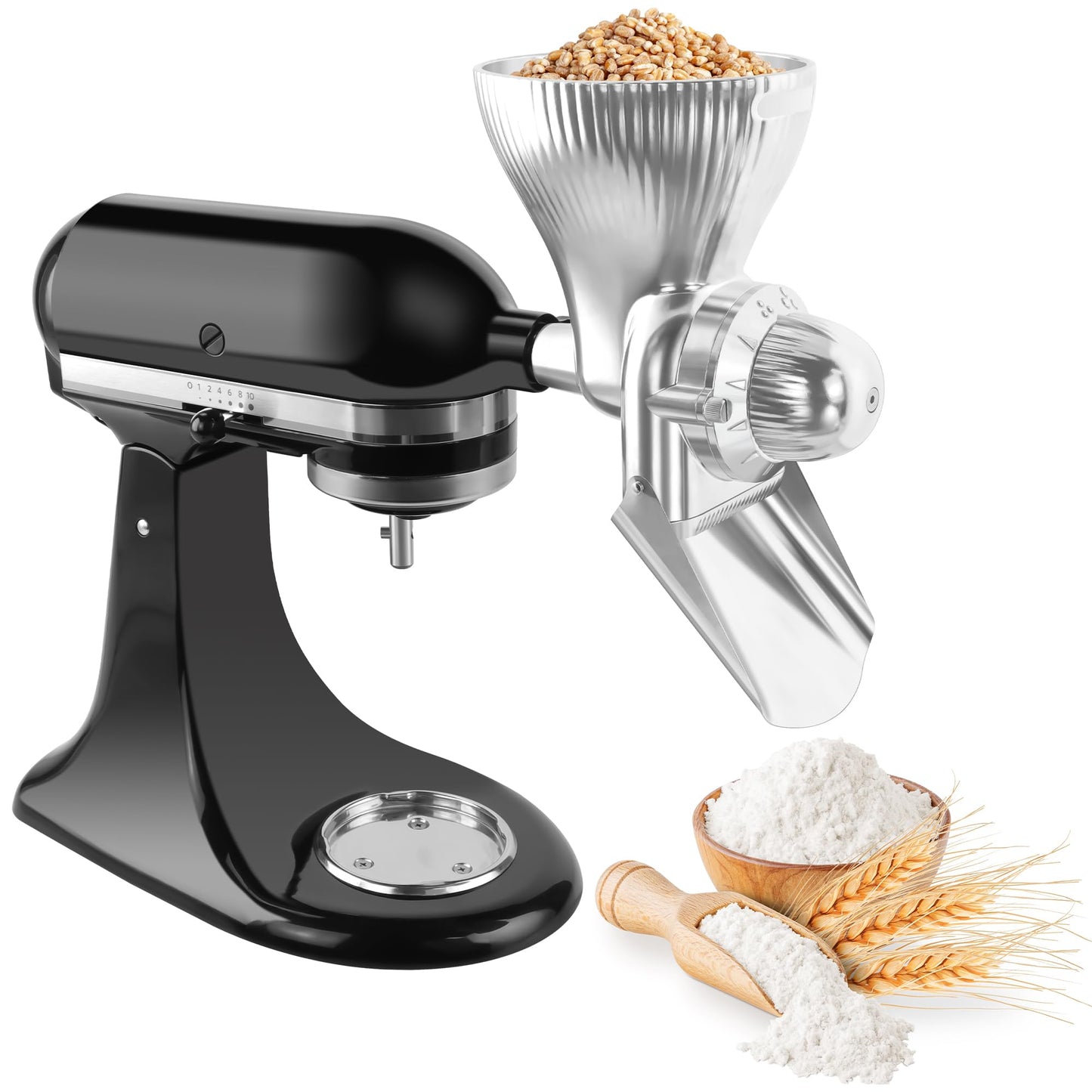 Grain Mill Attachment for KitchenAid Stand Mixer, All Metal 12 Levels Grain Grinder for Kitchen aid, Grain Mill for Flour, Wheat, Corn, Oats, Buckwheat, Millet, Low-Oil