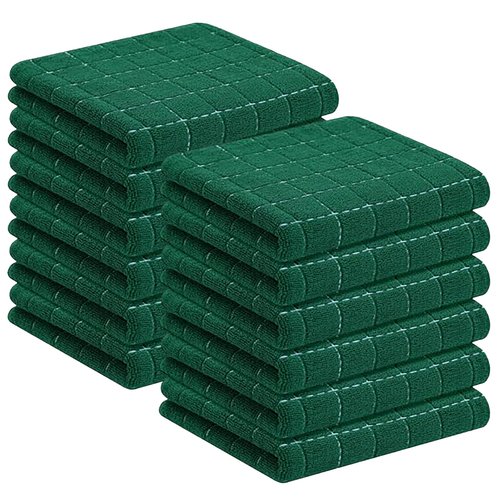 Homaxy 100% Cotton Terry Kitchen Towels(Dark Green, 13 x 28 inches), Checkered Designed, Soft and Super Absorbent Dish Towels, 12 Pack