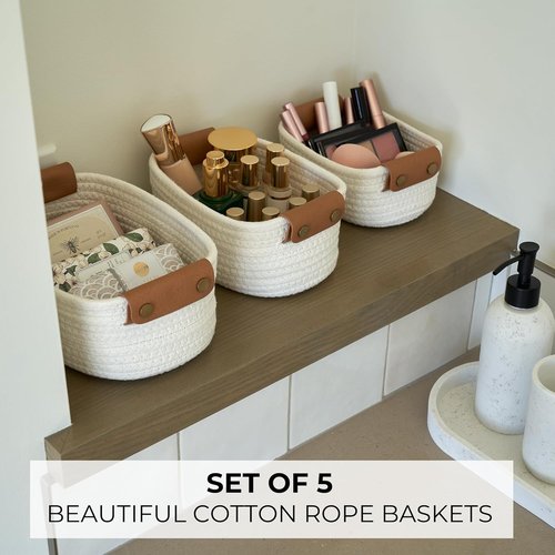 Beautiful Storage Basket Set of 5 - Sturdy Cotton Rope Baskets for Home Organization | Perfect for Nursery & Bedroom Decor