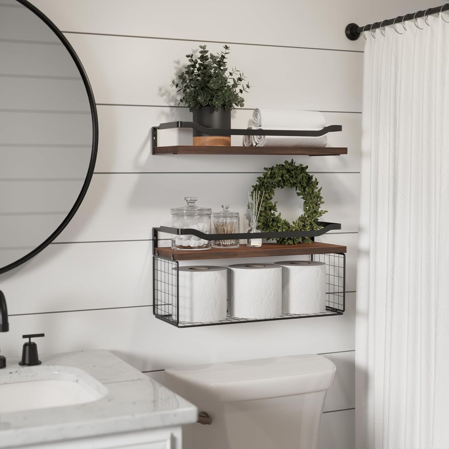 WOPITUES Floating Shelves - Wood Wall Storage with Wire Basket & Metal Guardrail - Dark Brown