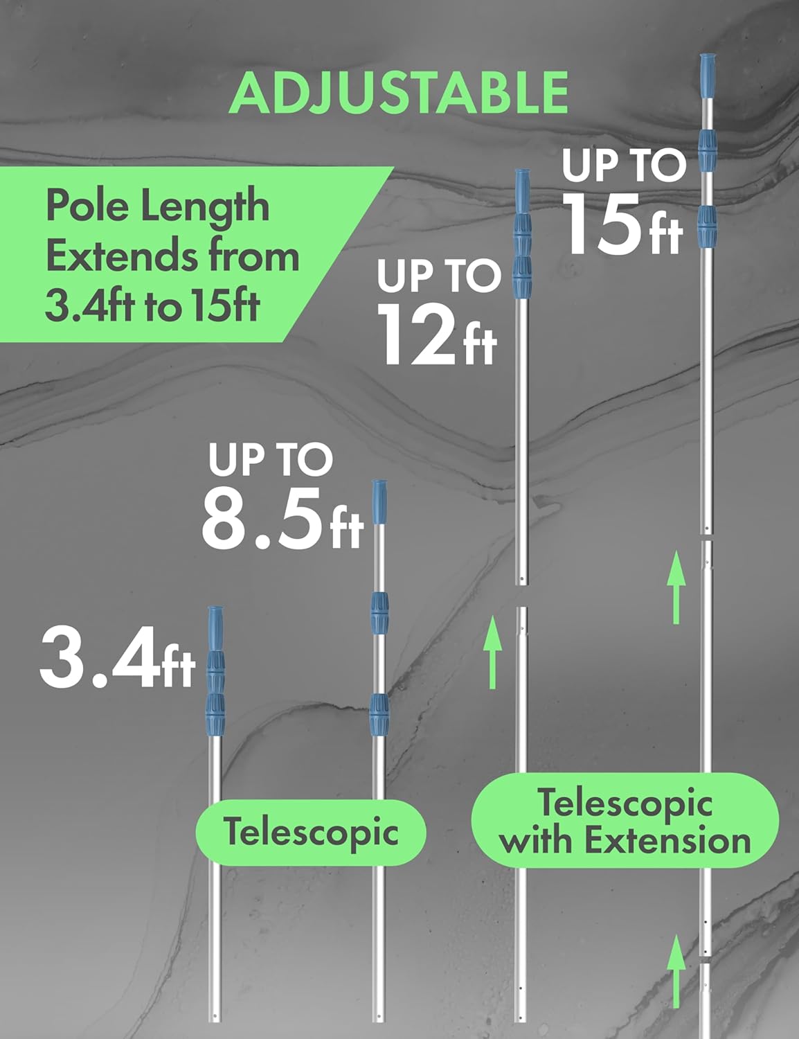 KEMANO 15ft Telescopic Swimming Pool Pole - Heavy Duty Aluminum, Adjustable, Anti-Slip Grip