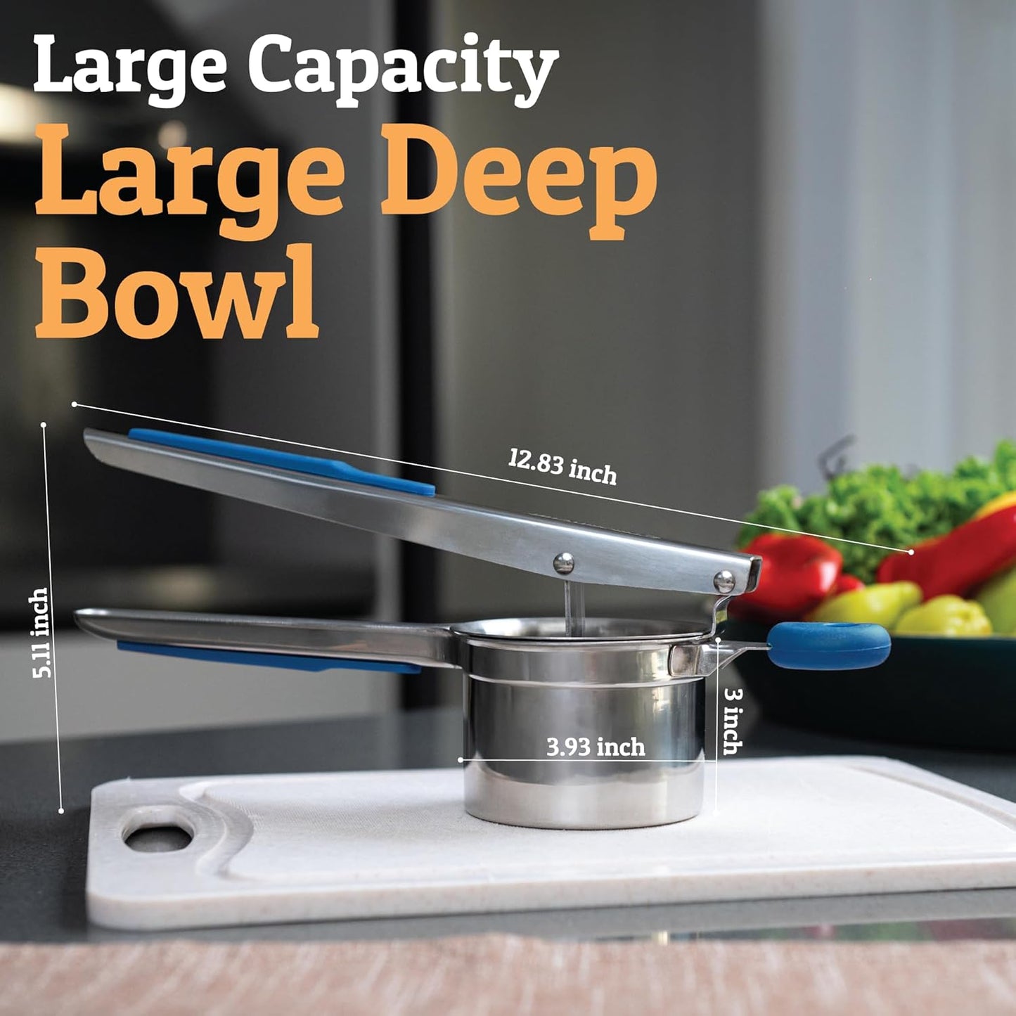 PriorityChef 15oz Potato Ricer - Heavy Duty Stainless Steel Masher With 3 Discs | Blue Kitchen Tool