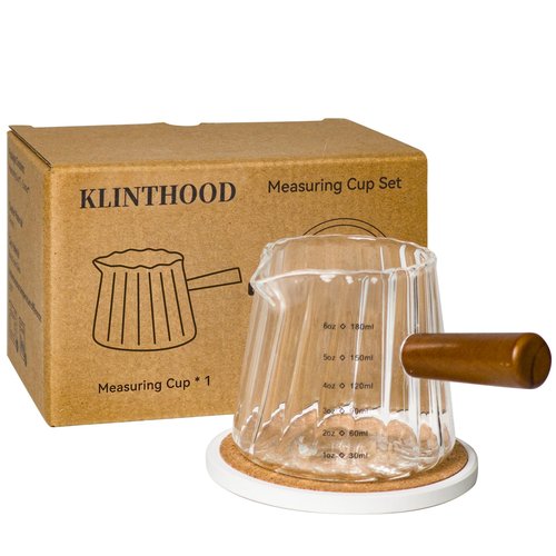 Glass Measuring Cup 6OZ, Espresso Accessories, Expresso Shots Cup, Espresso Shot Glass with V-Shaped Mouth, Ribbed Milk Frothing Pitcher, coffee Espresso Cup(Wooden Handle)