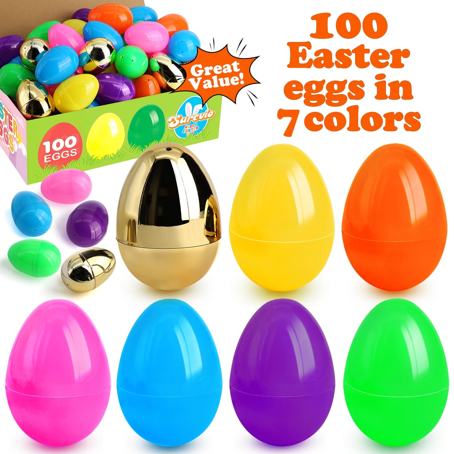 [6 Surprise Golden Eggs] 100 Pack 3 Inch Large Easter Eggs, Empty Easter Eggs Fillable, Bright Colors Plastic Eggs Bulks for Easter Hunt, Easter Party Favor, Basket Stuffers Fillers