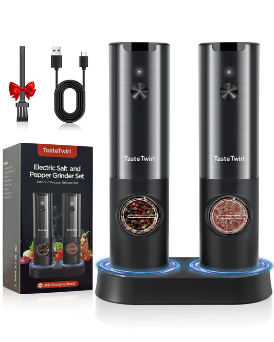 Electric Salt and Pepper Grinder Set, USB Rechargeable Stand, Automatic Salt Pepper Shakers Refillable, Spice Mill for Kitchen, One Hand Operation, Adjustable Coarseness, LED Light