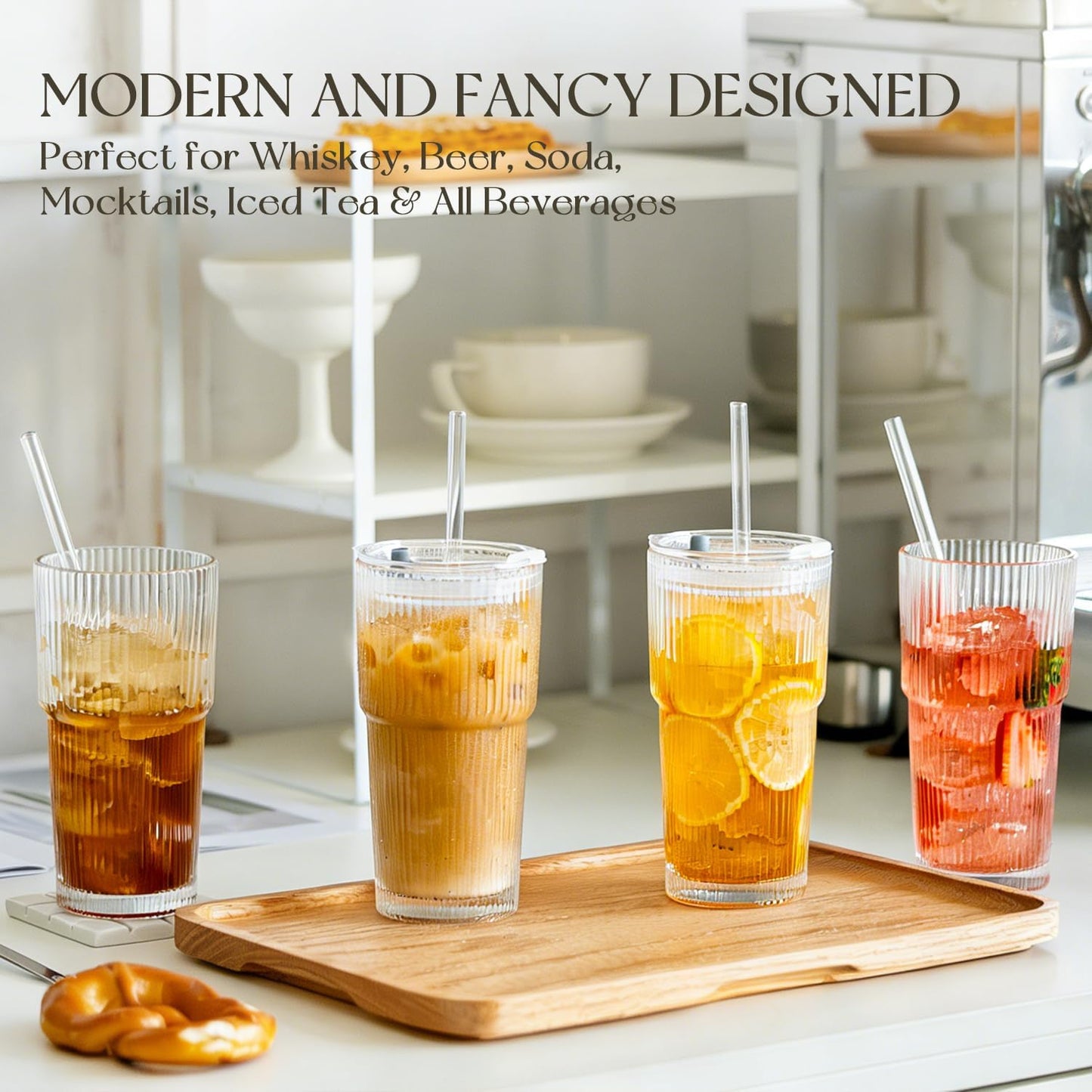 KEMORELA 20 oz Ribbed Glass Tumblers - Vintage Iced Coffee Cups with Lids & Straws | Reusable Clear Glassware