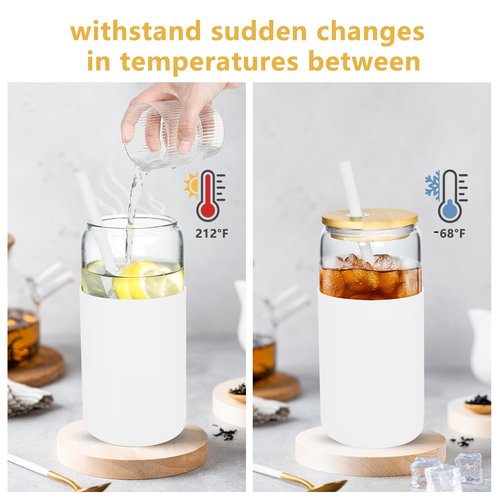 Icesip 20oz Glass Coffee Cups with Lids and Straw Iced Coffee Glasses with Silicone Protective Sleeve Drinking Glasses Set of 4 for Juice Beer Smoothie(Mixed ColorB)