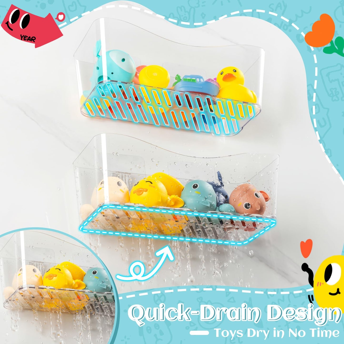MIUKAA 2 Pack Large Bath Toy Storage Organizer, Clear Bath Toy Holder for Bathtub, Plastic Shower Toy Holder, Fast drainage, No Drilling Required, Easy to Install