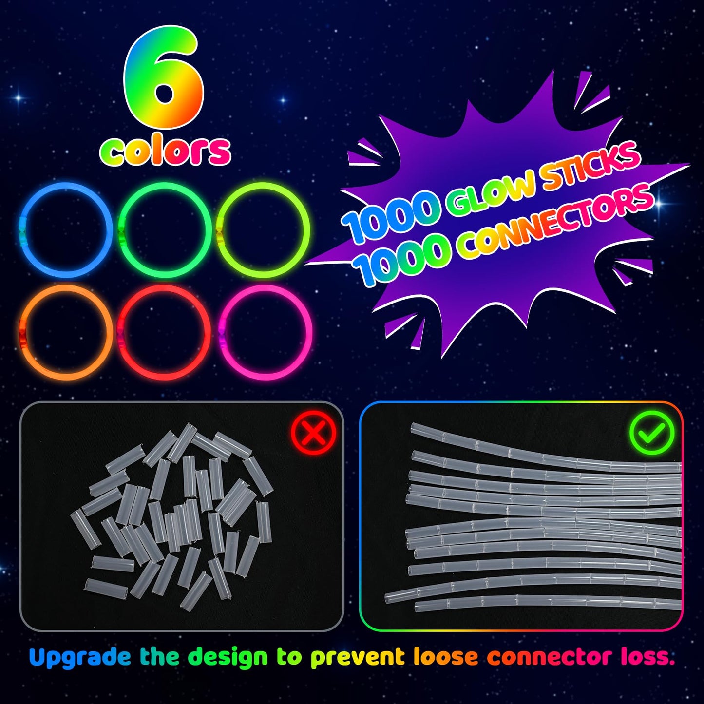 Mega-L 1000 Pcs Glow Sticks Bulk Party Pack, Glow in the Dark Party Supplies, 8" Ultra Bright Glow Necklaces and Bracelets with Connectors for Neon Glow Birthday Pool Party, New Years Eve Party Favors