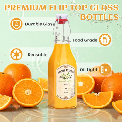 12 Pack 8oz Swing Top Glass Bottles, Square Flip Top Glass Bottles with Airtight Lids for Vanilla Extract, Home Brewing, Kombucha, Vinegar, beer, soda, beverages - Included Complete Brewing Kit