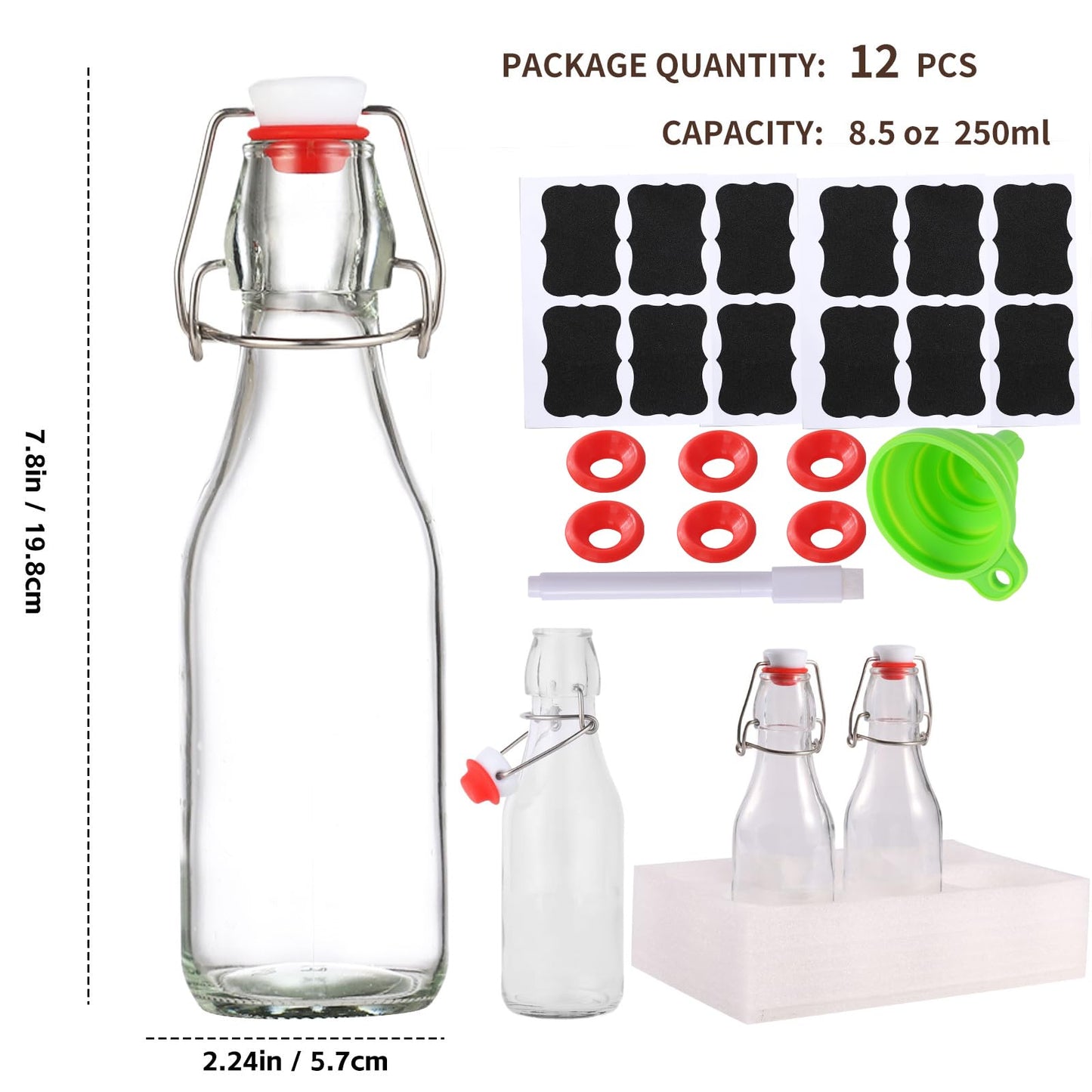 12 Pack 8.5oz Flip Top Glass Bottles,8.5oz swing top glass bottles with airtight lids for Home Brewing,2nd Fermentation,Kombucha,Kefir,Vanilla Extract,Juice,Tea,Beverages,Soda,Oils,Vinegar,Limoncello