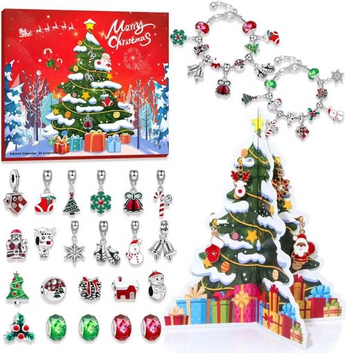 Advent Calendar 2025 | Kids' 24-Day Christmas Countdown with 22 DIY Charm Beads & 2 Bracelets - Red & Green