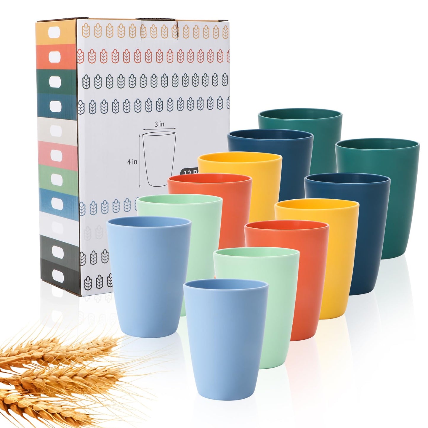 Lazycorner Wheat Straw Cup 12 Pcs Drinking Glasses Unbreakable Drinking Cup Reusable Water Plastic Glasses Tumblers with 6 Colors (12 oz)