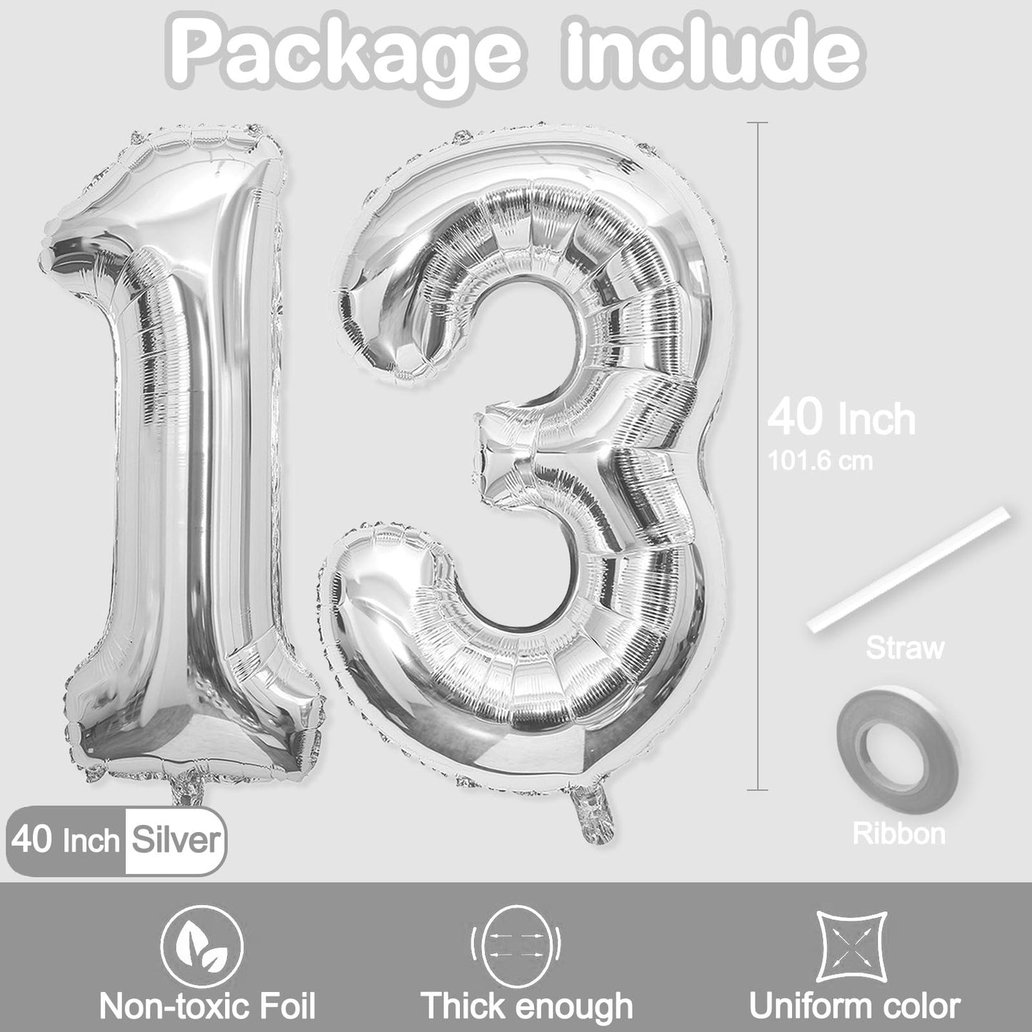 13 Balloon Number, 40 Inch Silver Foil Balloons Giant Jumbo Helium Number 13 or 31 Balloons for 13th 31th Birthday Decorationss Anniversary Events Boys Girls Party Decorationss (Silver)