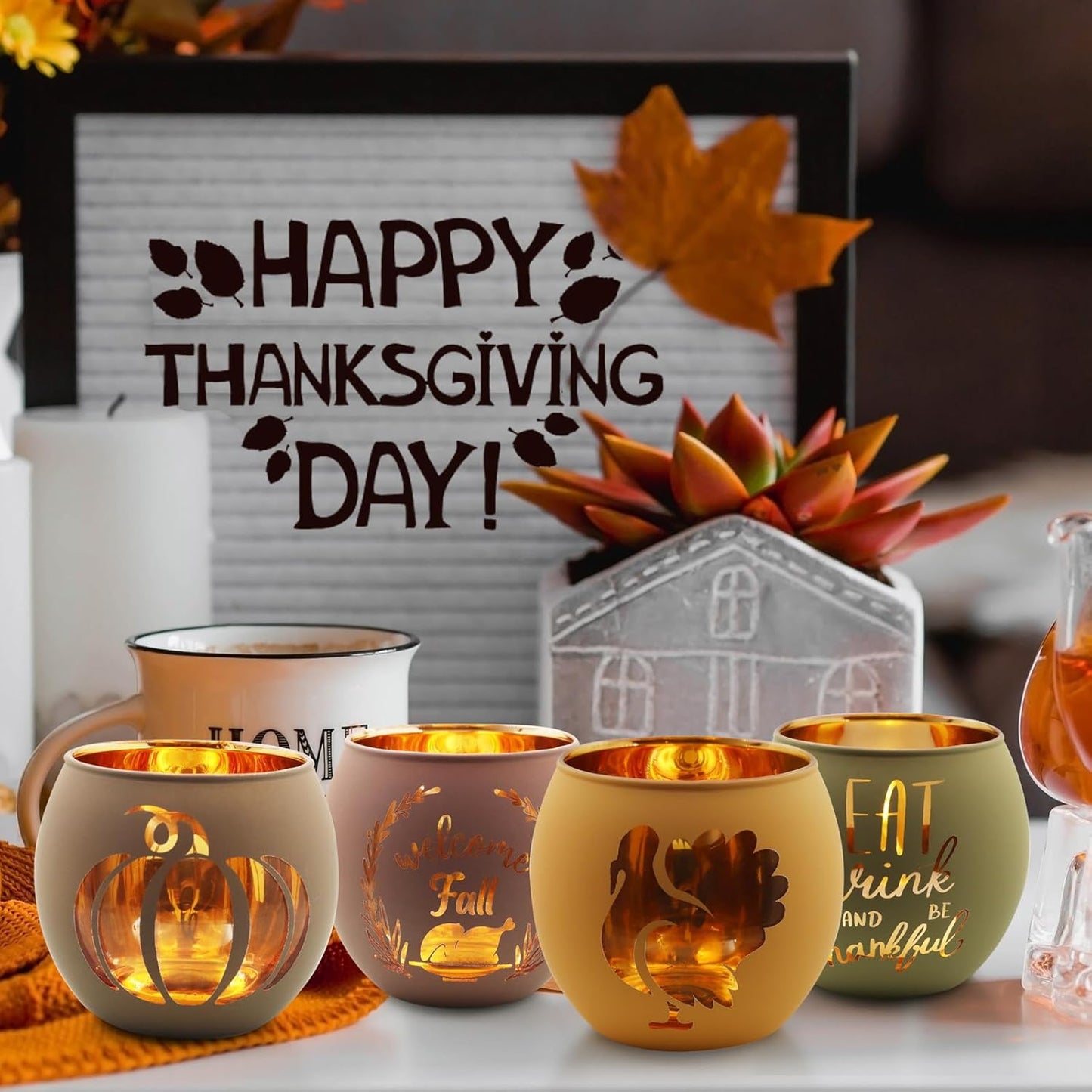Thanksgiving Votive Candle Holder Set by [Brand Name] - 6 Glass Holders with Laser Engraved Designs for Fall Centerpiece Decor