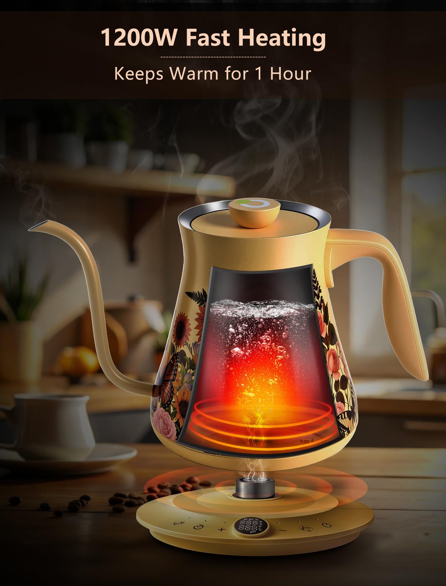 Olumaramio 0.8L/27oz Gooseneck Electric Kettle - ±1℉ Precise Temperature Control for Pour Over Coffee & Tea, 1200W Fast Heating, Auto Shut-Off, Built-in Brew Timer, BPA-Free Stainless Steel, Floral