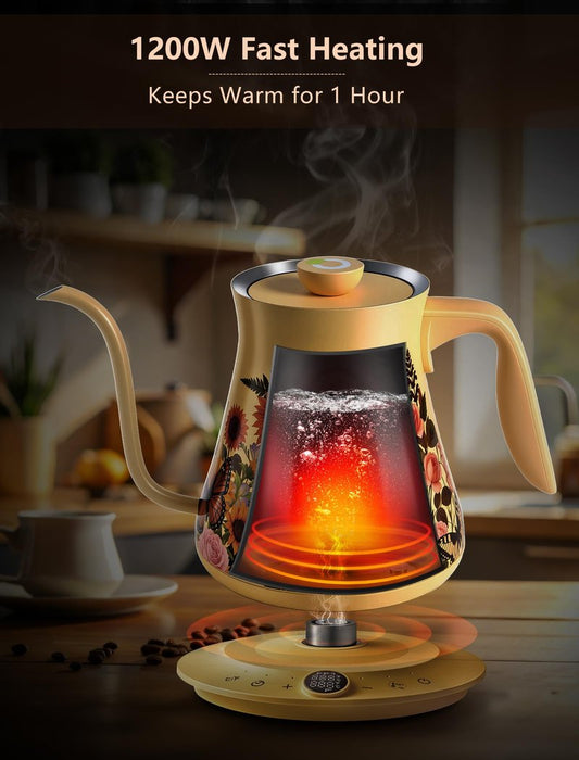 Olumaramio 0.8L/27oz Gooseneck Electric Kettle - ±1℉ Precise Temperature Control for Pour Over Coffee & Tea, 1200W Fast Heating, Auto Shut-Off, Built-in Brew Timer, BPA-Free Stainless Steel, Floral