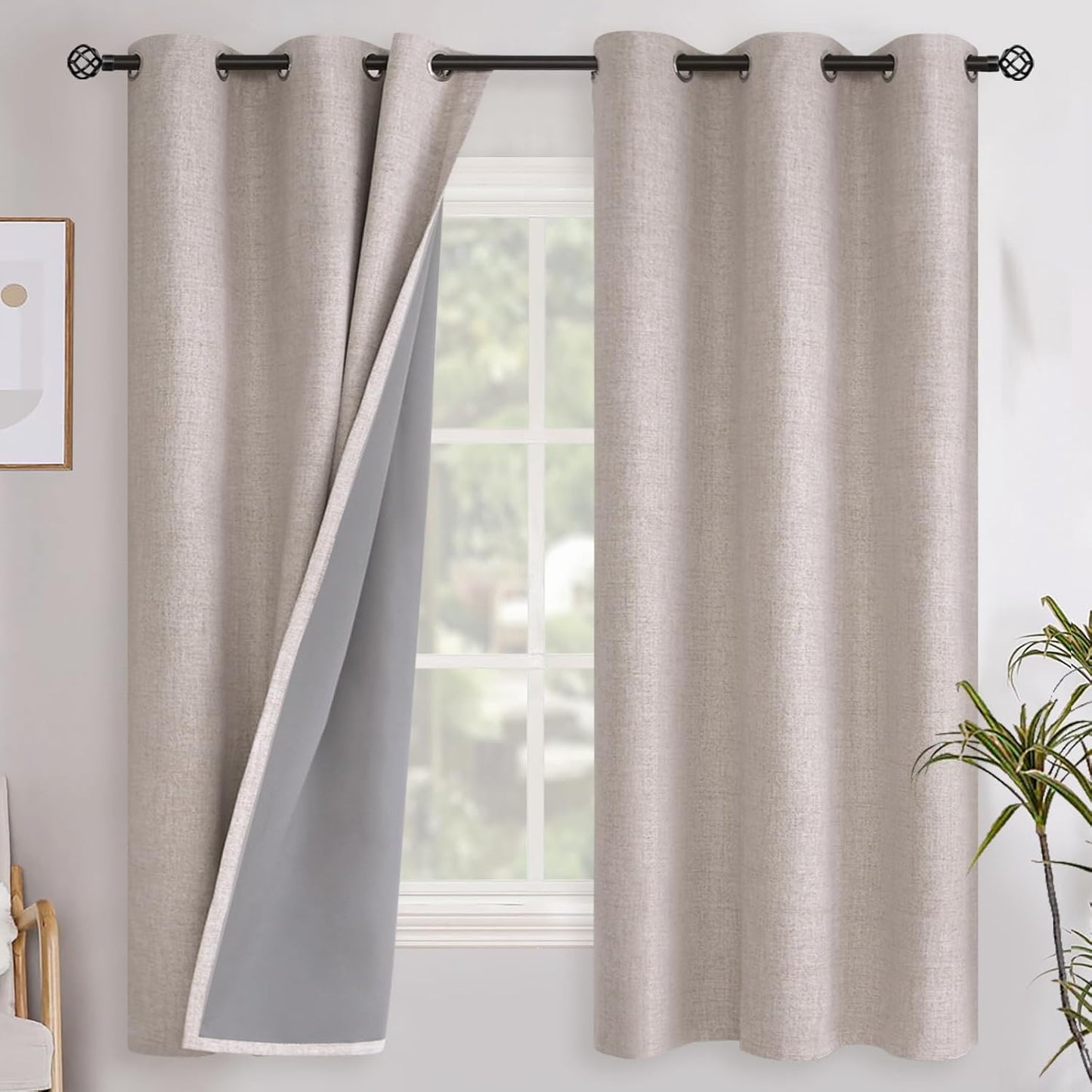 YoungsTex Linen Blackout Curtains - Textured Room Darkening Drapes | Thermal Insulated, 42 x 63 Inch, Beige