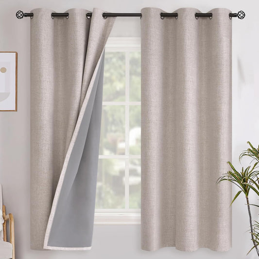 YoungsTex Linen Blackout Curtains - Textured Room Darkening Drapes | Thermal Insulated, 42 x 63 Inch, Beige