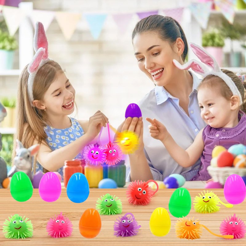 ZICZLI 24 Pack Easter Eggs Filled with LED Puffer Balls, Light Up Stress Relief Toys for Kids Boys Girls Teens Easter Hunt Filling Treats Basket Stuffers Easter Party Favors