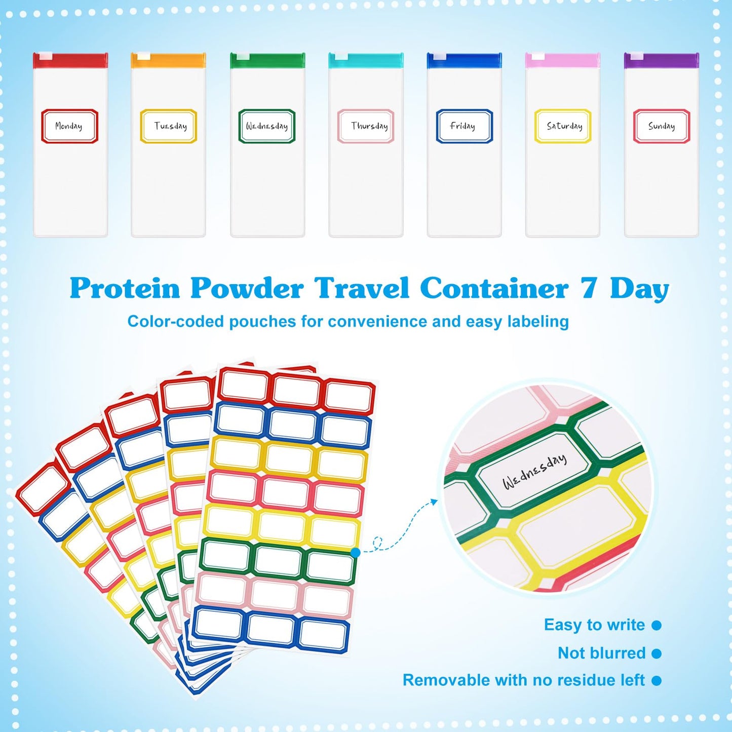 55 Pcs Protein Powder Travel Container Set - Protein Powder Container To Go, Single Dose Kit Reusable Powder Supplement Packets, Portable Powder Organizer Zip up Bags with Funnels, Spoons, Labels