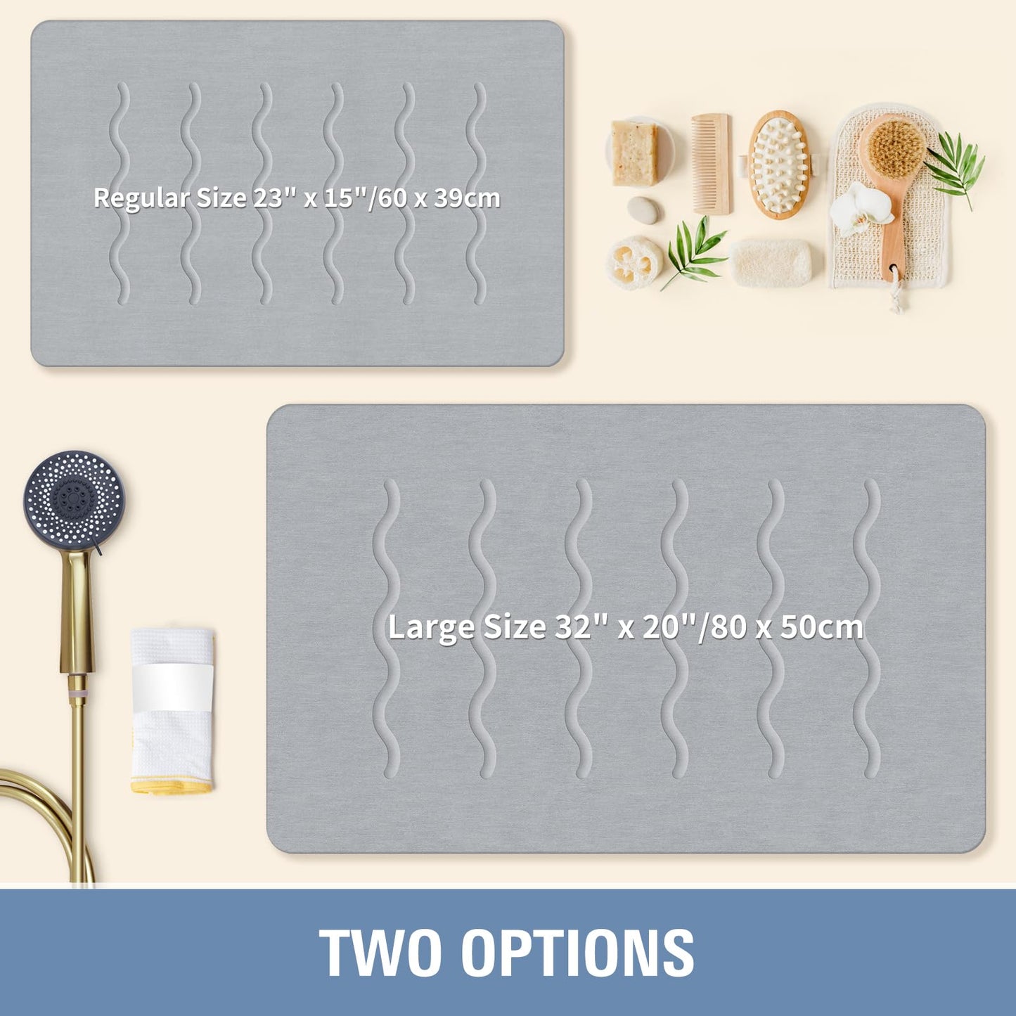 OTHWAY 32"x 20" Stone Bath Mat Large, Diatomaceous Earth Bath Mat for Bathroom Quick Drying Absorbing, Long Non-Slip Diatomite Hard Stone Shower Mat Instant Dry(Light Grey)