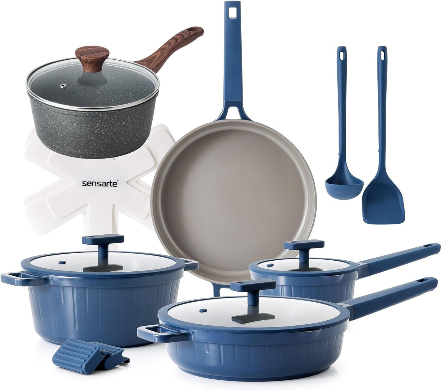 SENSARTE 15-Piece Nonstick Cookware Set - Durable Ceramic Saucepan with Lid | Easy Clean & Cook