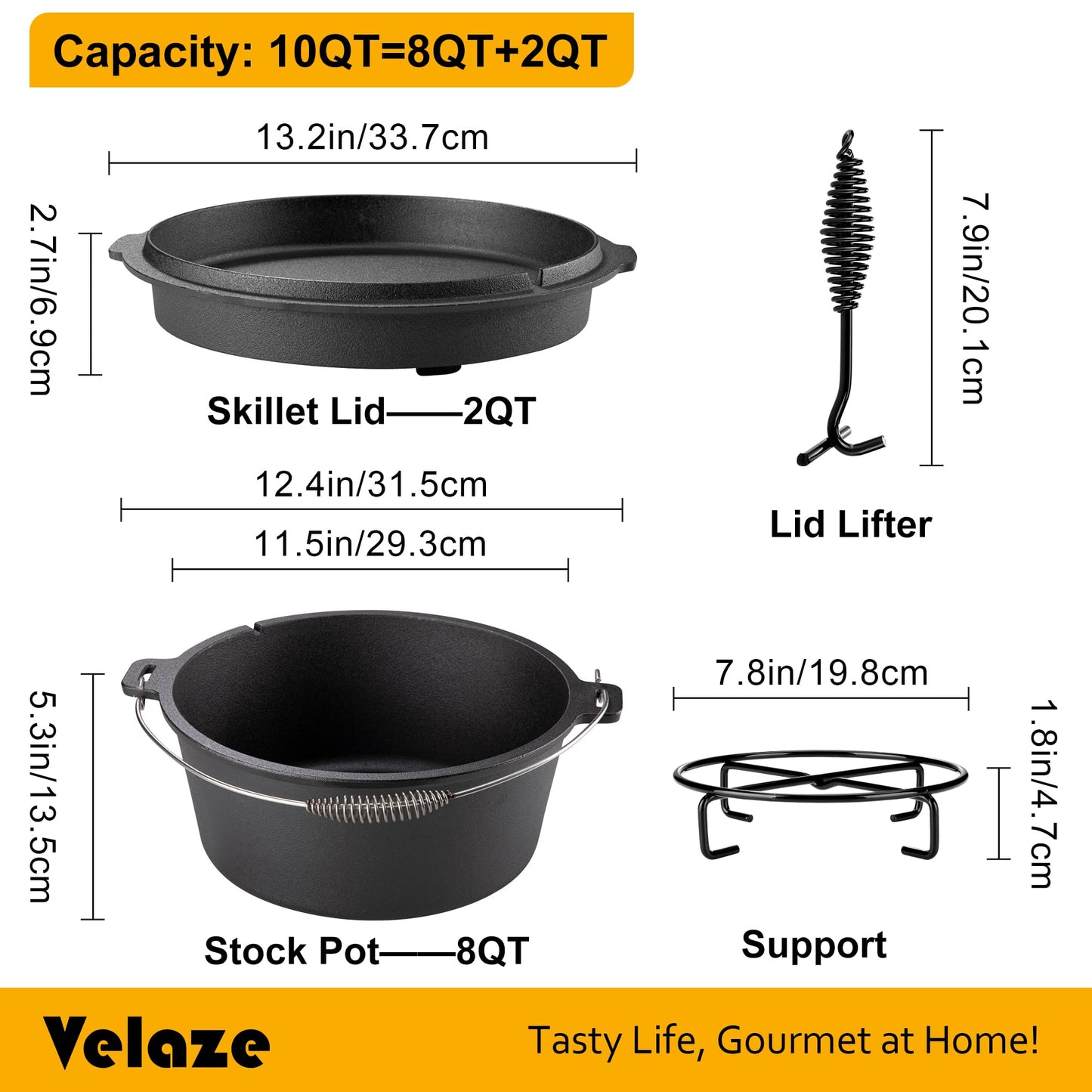 Velaze 10QT Camping Dutch Oven, Pre-Seasoned Cast Iron Camp Dutch Oven Pot with Lid, for Use in the Oven, on the Stove, Grill, or over the Campfire - Metal Handle, Lid Lifter, and Stand Support