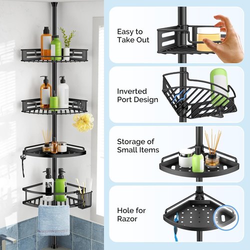 HAMITOR Corner Shower Caddy - 4-Tier Rustproof Bathroom Organizer with Quick Installation | Adjustable 47-121 Inch Black Shelves
