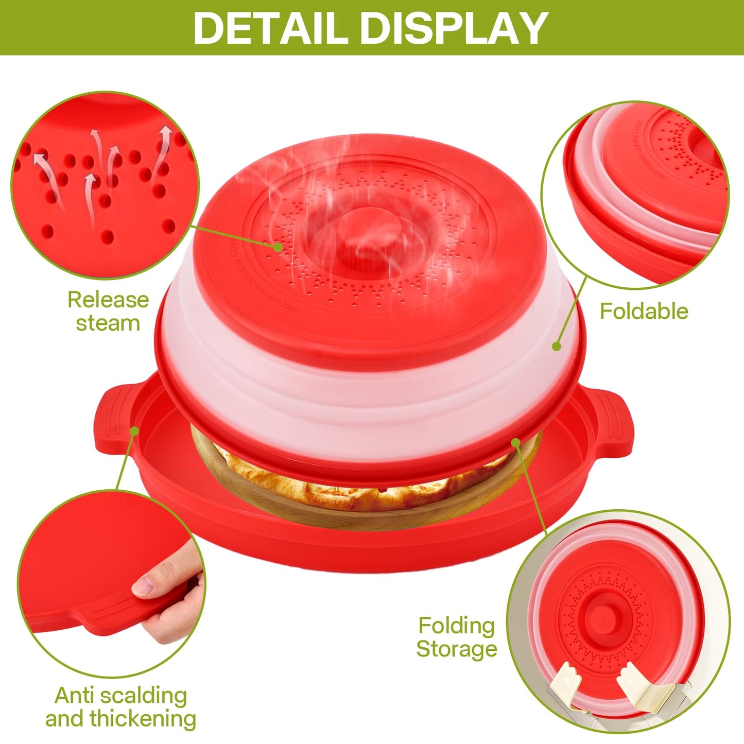 Microwave Splatter Cover for Food with Anti-scald Base Plate,Large Plastic & Silicone Vented Avoid Scalding Collapsible Guard Lid,Kitchen Essential Gadgets for Meal Prep-10.7 Inch (Red)
