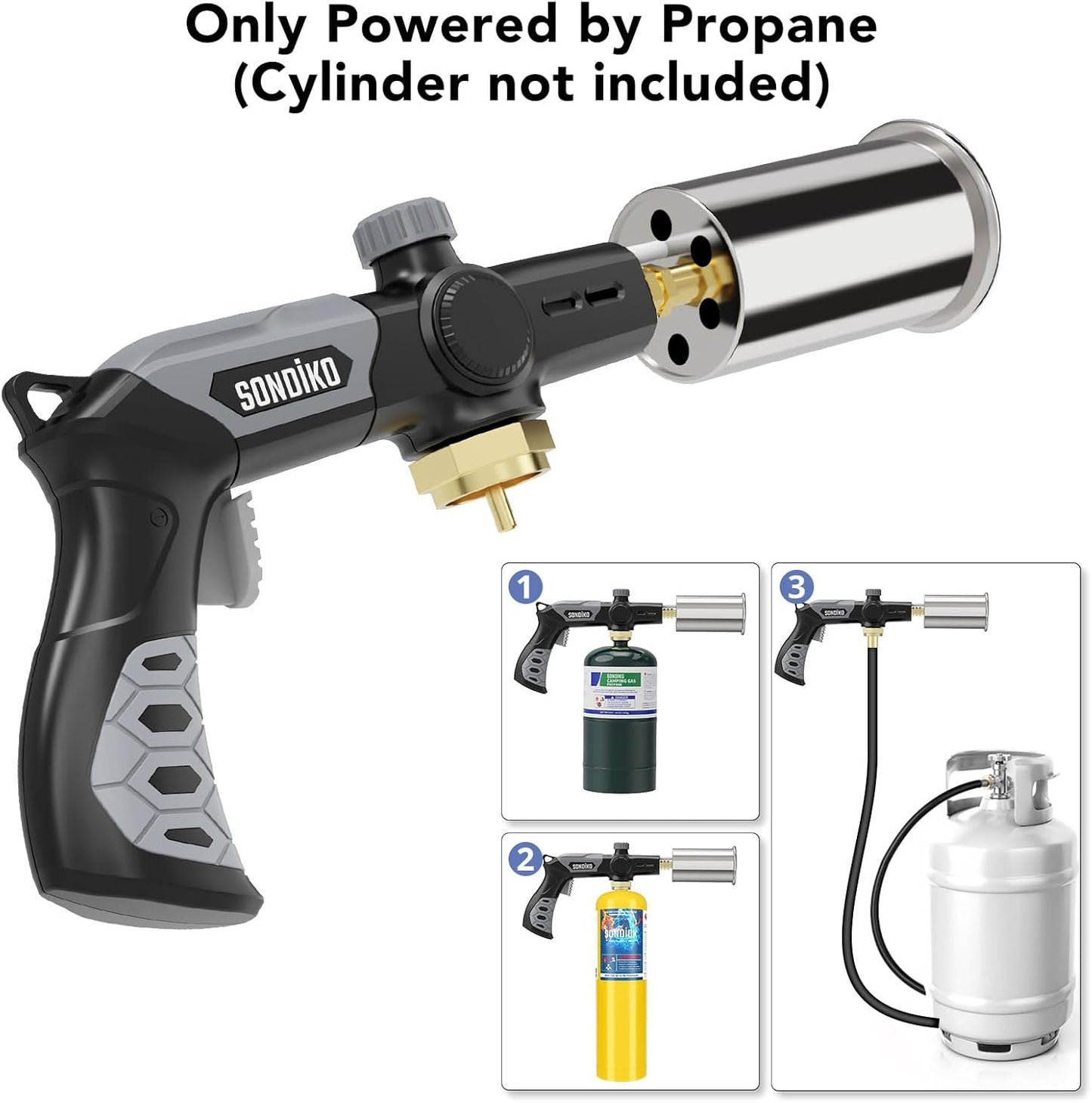 Sondiko Powerful Propane Torch - Adjustable Cooking & Searing Tool for BBQ, Campfire | Black & Grey