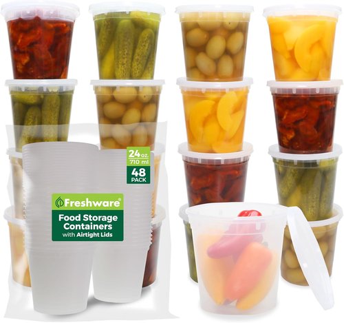 Freshware Food Storage Containers - 24 Oz BPA-Free Plastic Deli Containers | Leakproof & Stackable, 48 Count